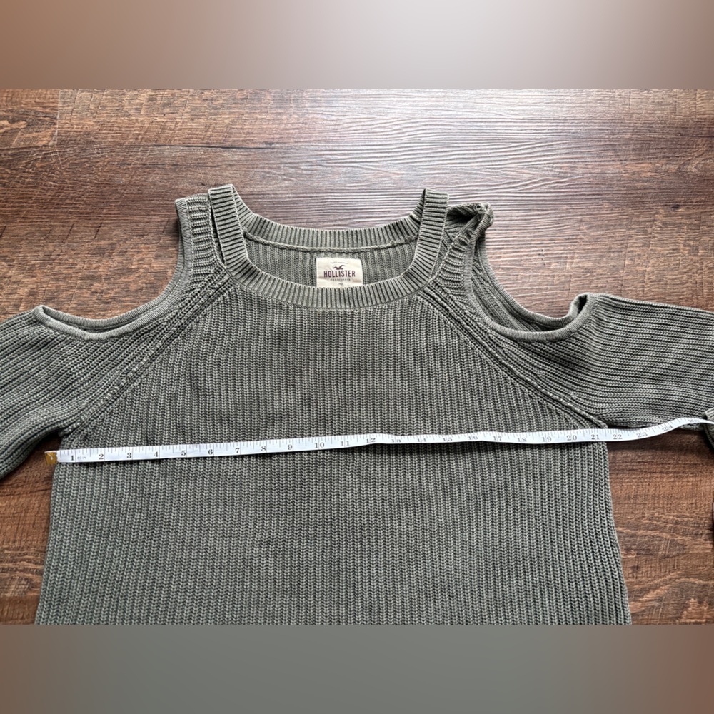 HOLLISTER cold shoulder olive green ribbed knit cotton sweater sz L cute casual - Picture 15 of 16